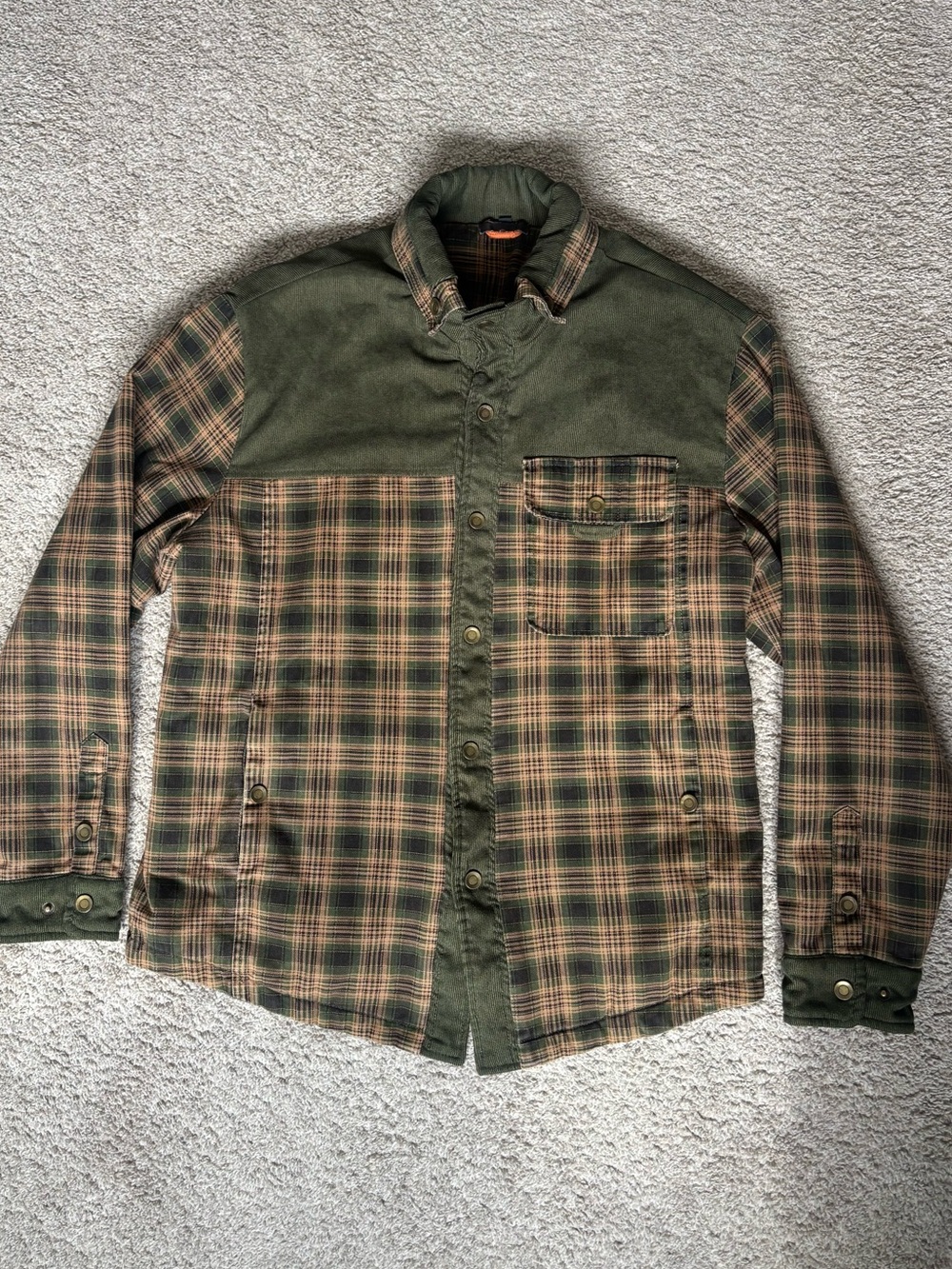 Olive Green Brown Plaid Sherpa Lined Flannel Shacket Barn Jacket 100% Cotton - Picture 2 of 10